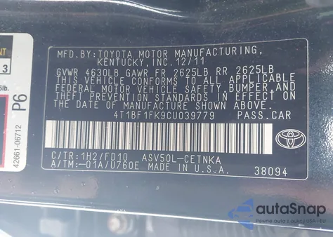 2012 Toyota Camry Le from USA, damaged, VIN 4T1BF1FK9CU039779